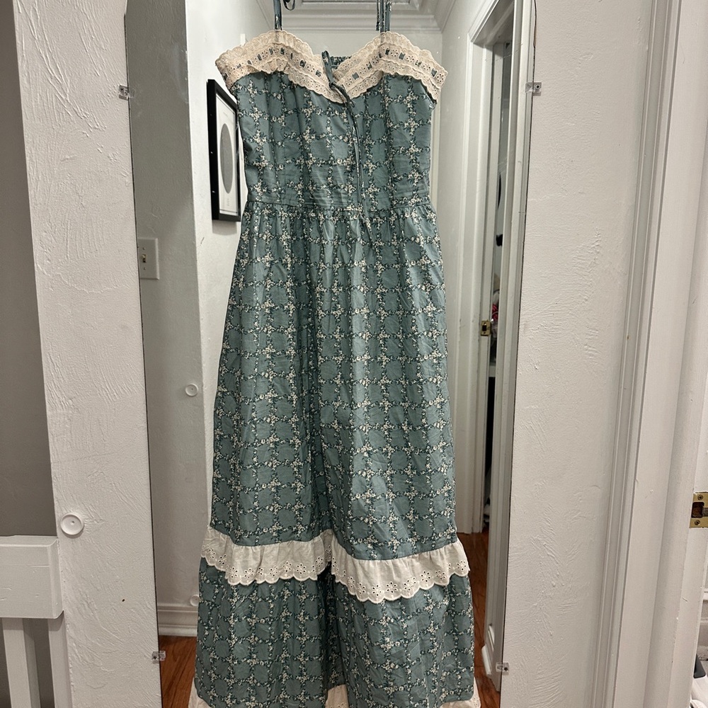 Christy Dawn Teal Floral Midi Dress with Cream Lace Trim